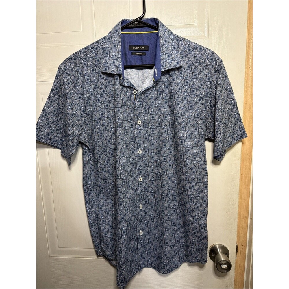 Bugatchi Uomo Shaped Fit Medium Short Sleeve Button Down Shirt Blue Geometric